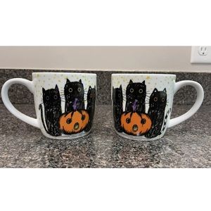 Stonewall Kitchen Halloween Black Cats with Pumpkin(2) Coffee Mug Bats inside